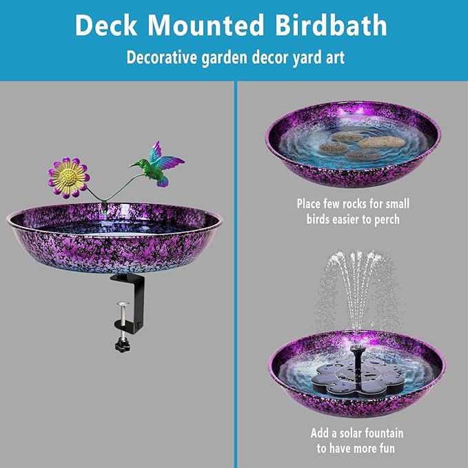 Deck Bird Bath for Outdoors, 11 Inch Colorful Purple/Blue Metal Birdbath Bowl Adjustable Steel Clamp Mounted Garden Bird Bath Feeder for Railing Balcony Outdoor Decor Yard Art