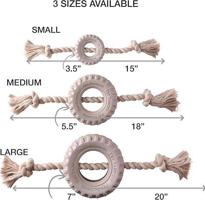 Pet Passion Natural Rubber Tire and Organic Cotton Rope Pull and Chew Dog Toy for All Pet Breeds, Almond Milk, Medium