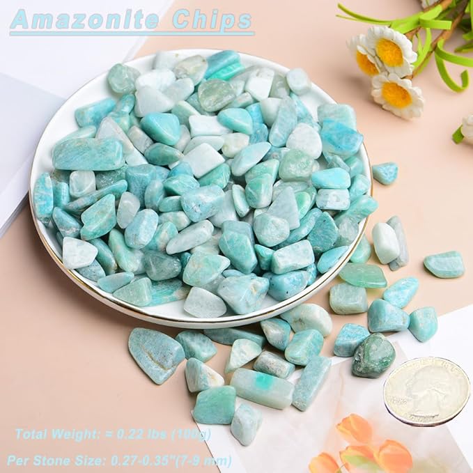Erliway 100g Natural Amazonite Crystal Chips 7-9mm Tumbled Stones | Small Crushed Crystal Stone, Polished Crystals Chips for Fish Tank, Healing Tumbled Rocks for Reiki Jewelry Making Home Décor