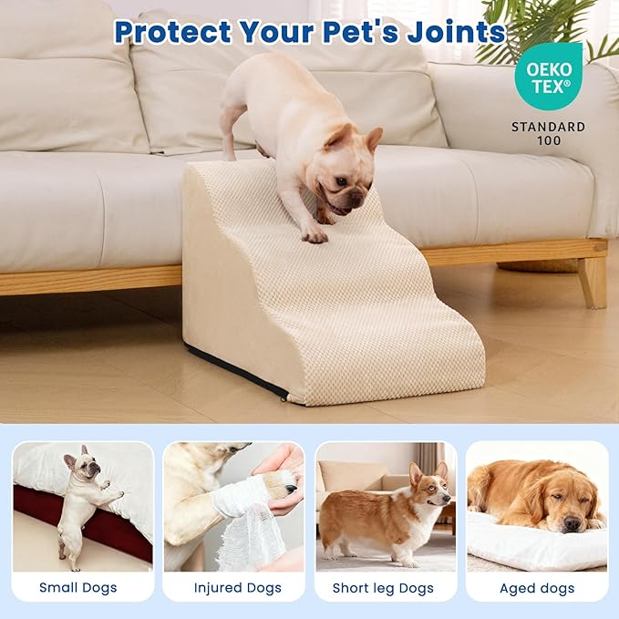 Airpanda Dog Stairs for Small Dogs and Cats – 3 Step Pet Ramp for Couch & Sofa, Non-Slip Dog Steps for Pets, Washable Cover, High-Density Support Foam for Easy Climbing,Beige