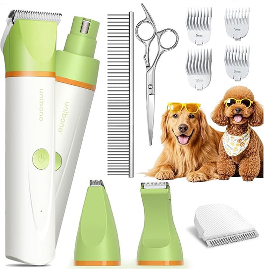 unibono Dog Grooming Kit with Paw Trimmer, All-in-One Low Noise Electric Rechargeable Small Quiet Pet Clippers Foot Dog Hair Shaver with Stainless Steel Scissors and Comb for Dogs at Home (Green)