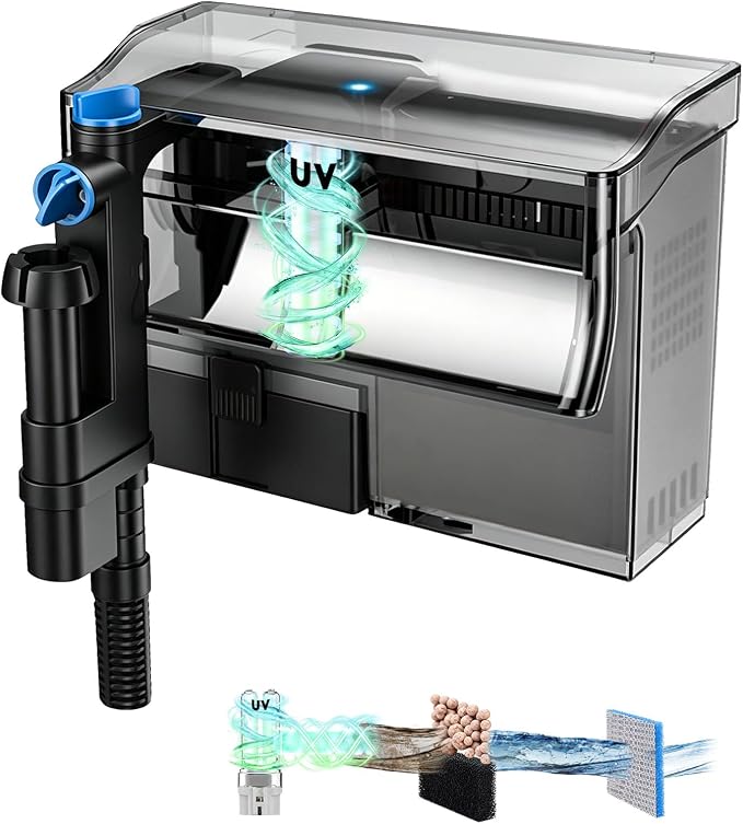 Aquarium Filter 317GPH for 40-70 Gallon Fish Tank, Hang On Back U-V Light Surface Skimmer Sponge, 4-Stage Water Cleaner Freshwater Saltwater Green Killing Deodorization Machine Crystal Suspension