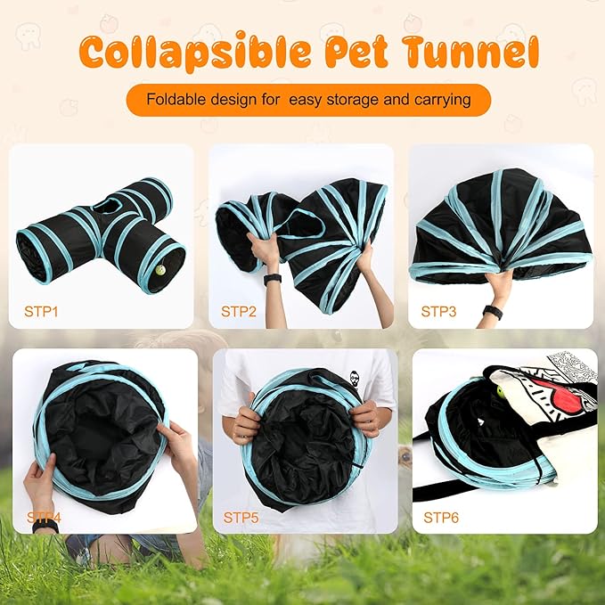 BWOGUE Bunny Tunnels & Tubes Collapsible 3 Way Bunnys Hideout Small Animal Activity Tunnel Toys for Dwarf Rabbits Guinea Pigs Kitty