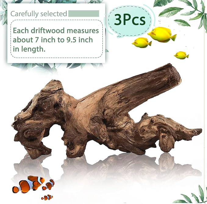 Tfwadmx Natural Driftwood Aquarium Decor Wood Branches, 3 Pieces 7-9.5" Fish Tank Driftwood Decoration, Terrarium Mopani Wood for Aquarium Freshwater Reptile Tank
