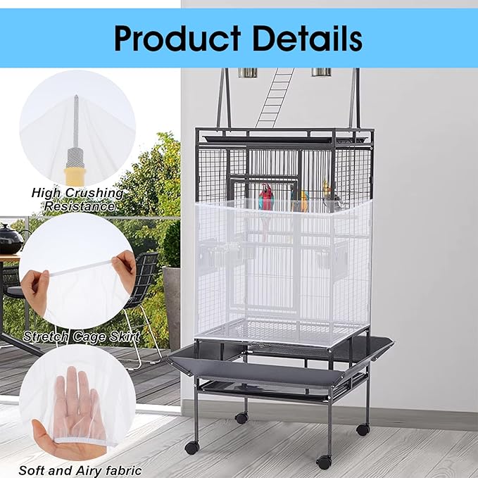 Nogeqi 2PCS Bird Cage Seed Catcher, Nylon Adjustable Elastic Bird Cage Net Cover Skirt Guard, Universal Birdcage Accessories for Parrot Canary Parakeet Cockatiel Budgie Quail (Black, White)