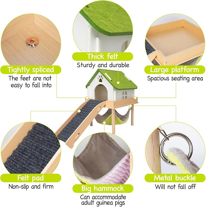 BESNEW 3 in 1 Enlarged Guinea Pig Hammock,Wooden Guinea Pig Hideout with House & Platform & Stairs Small Animal Toys for Hiding Sleeping Activities