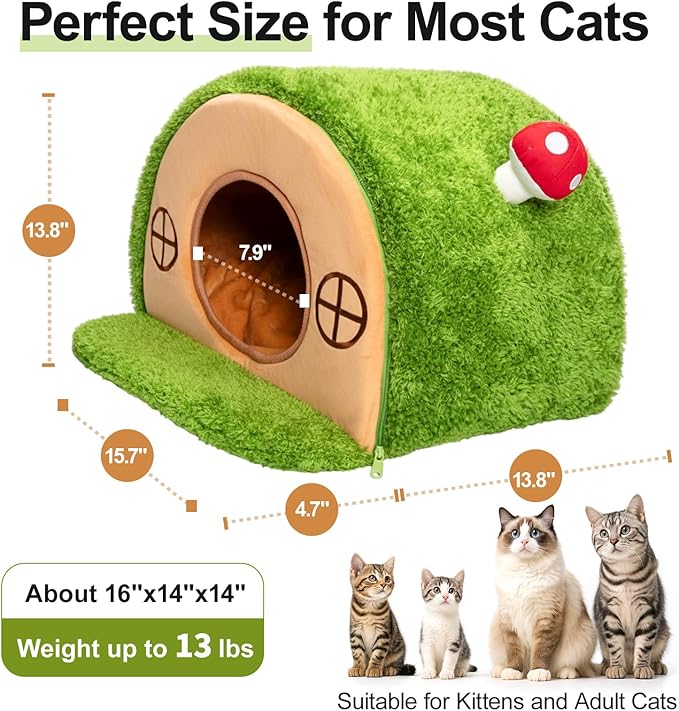Cat House for Indoor Cats - Cute Cat Bed Cave, Tree Hole Cat Bed Tent for Kittens and Small Medium Pets with Removable Washable Cushion & Anti-Slip Bottom, Enclosed Kitten Bed Hideaway