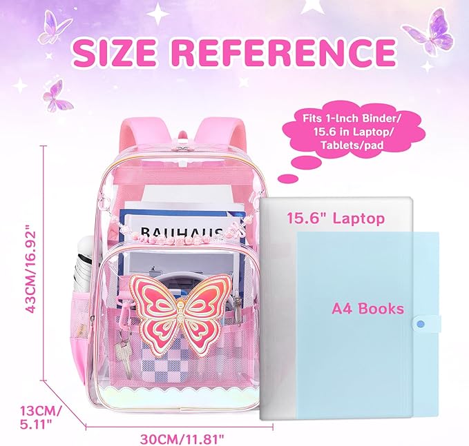 MUSEVOS Clear Backpack, Clear Bookbag for School PVC Heavy Duty Transparent Backpack for Girls, Pink Butterfly
