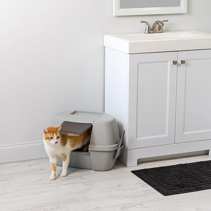 IRIS USA Cat Litter Box - Enclosed Corner Litter Box with Scoop, Hooded Litter Tray for Corners, Space-Saving Covered Litter Box, Odor Defensive, Gray