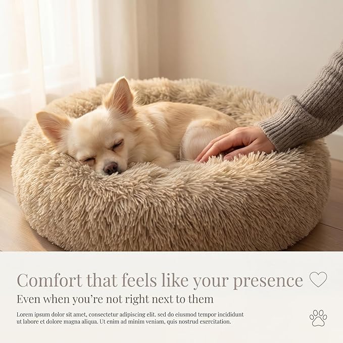 Calming Donut Dogs Beds for Small Dogs Washable,19inch Fluffy Round Puppy Bed for Puppies,Cats & Toy Breeds with Raised Rim,Fits up to 15 lbs Pets,Camel