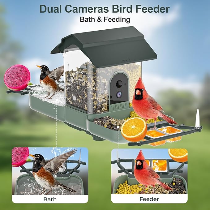 Dual-Lens Smart Bird Feeder with Camera & Bird Bath, 2.4G WiFi 2K HD Live View, Auto Record Video, AI Identify, APP Instant Notifications, Solar Powered, Birdwatching Gifts for Family, Birds Lover