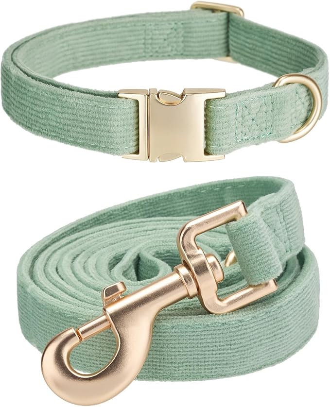Soft Corduroy Dog Collar and Leash Set Adjustable Durable Dog Collars with Metal Buckle and Lead for Medium Dogs,Grass Green