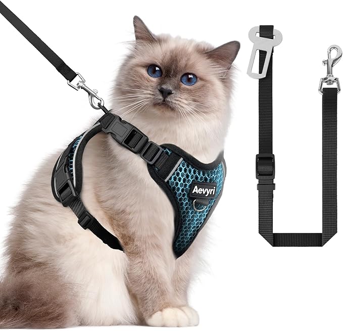 Cat Harness and Leash for Walking Escape Proof Soft Adjustable Cat Leash Breathable Honeycomb Structure Comfortable Vest Easy to Wear Kitten Harness for Outdoor Travel, Honeycomb Blue, L
