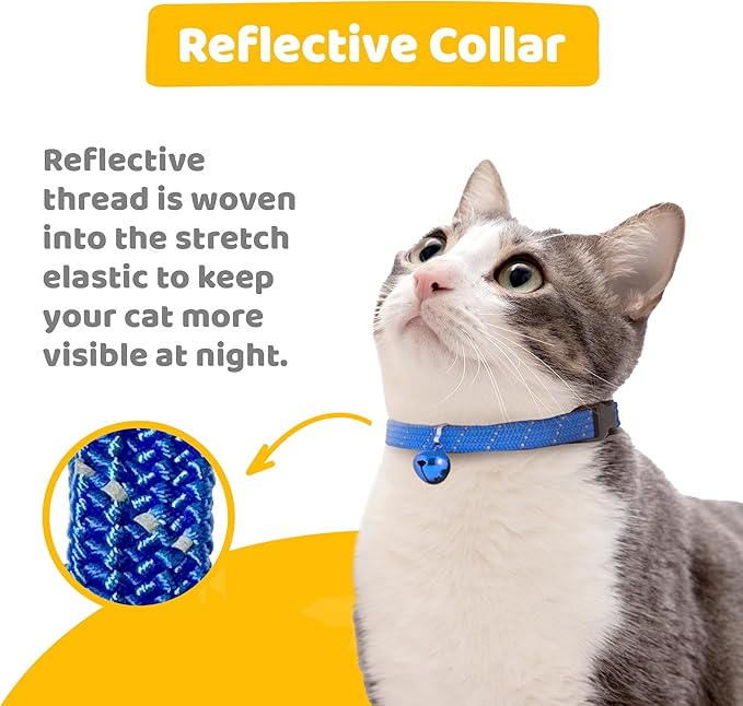 BirdsBeSafe® Break Away Cat Collar with Bell, Reflective Thread for Night Visibility, Comfortable Elastic Stretch Cat Collar to Protect Cat from Getting Stuck in the Garden.