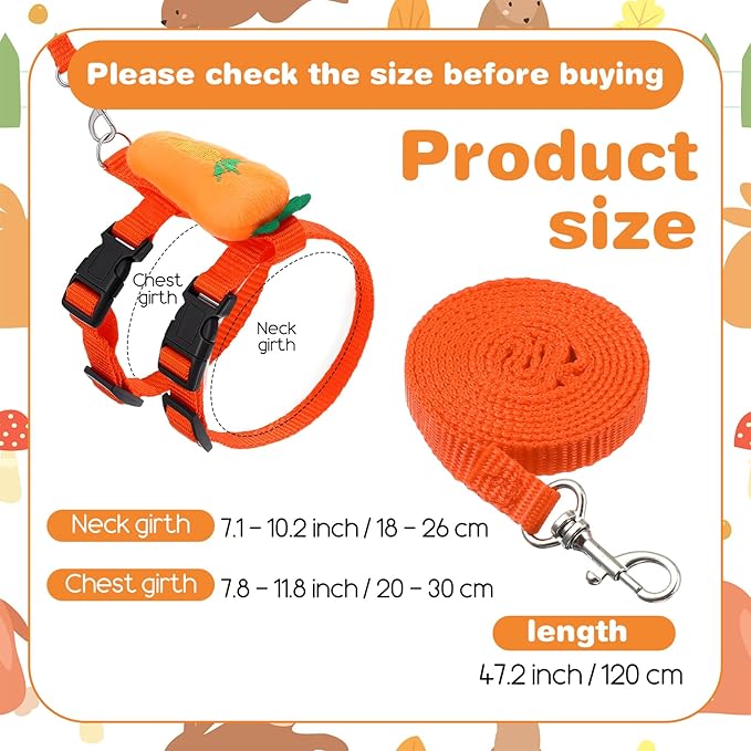 3PCS Adjustable Bunny Rabbit Harness and Leash Set, Small Pet Cute Vest Harness Leash with Decoration, Guinea Pig Harnesses for Ferret, Kitten, Puppy, Rat, Squirrel (Strawberry, Carrot, Pineapple)