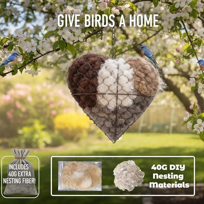 Handmade Alpaca Fiber Bird Nesting Heart, Birds Nests Material Holder, Winter Tree Shelter for Wild Bird, Hummingbird Houses Nest Boxes Gifts for Outside Garden Art Birdhouse, Birds Lovers