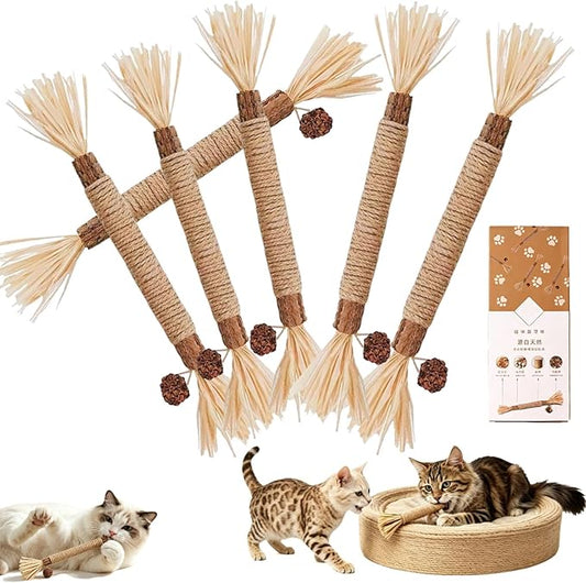 Natural Silvervine Dental Sticks, Silver Vine Sticks Cats with Raffia, Chew Sticks for Cats, Cat Chew Rope for Enrichment Pet Supplies, Calm Cat Boring (6PCS (Boxed))