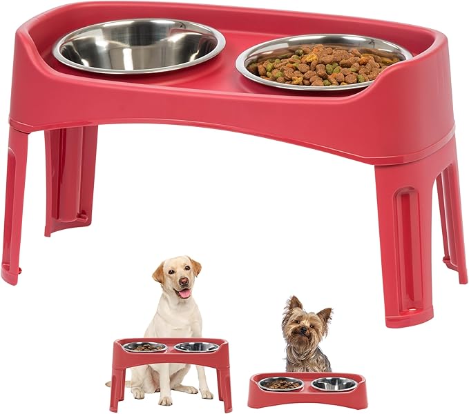 IRIS USA Elevated Dog Bowls Adjustable Stand, Raised Feeding Station with 2 Stainless Steel 64 oz Bowls, Spill Guard, Dual Height 12.25" or 4.63", Made in USA, Red