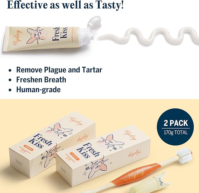 FlyDog Fresh Kiss Dog Tooth Brushing Kit - Vet Approved Formula, Enzymatic Dog Toothpaste and Brush - Breath Freshener & Tartar Remover, 360° Toothbrush & Finger Brush, Dental Guide, Coconut Flavor