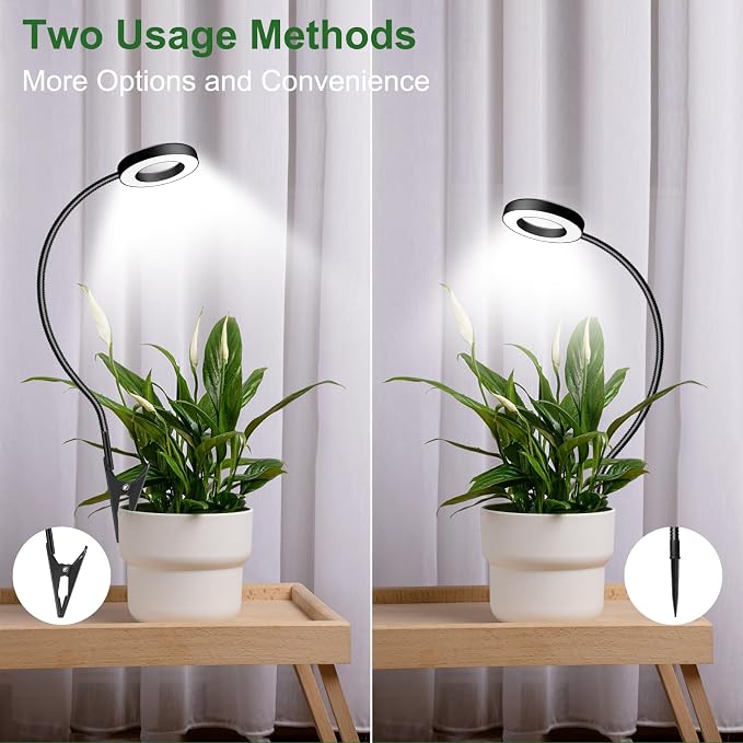 2 in 1 Grow Lights for Indoor Plants, 48 LEDs Plant Lights Indoor | Full Spectrum Plant Lights for Indoor Growing with 360° Gooseneck, 3 Colors, 6/12/16H Timer, 5 Brightness, Black 2 Pack