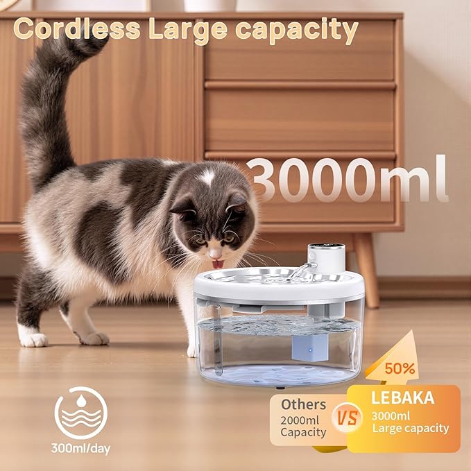 Wireless Cat Water Fountain with [Stainless Steel Tray], 102oz/3L Pet Water Fountain for Cats Inside, Cat Fountain for Drinking with Motion Sensor, Ultra Quiet Pump, Cats & Dogs Gifts (102oz+2Filters)