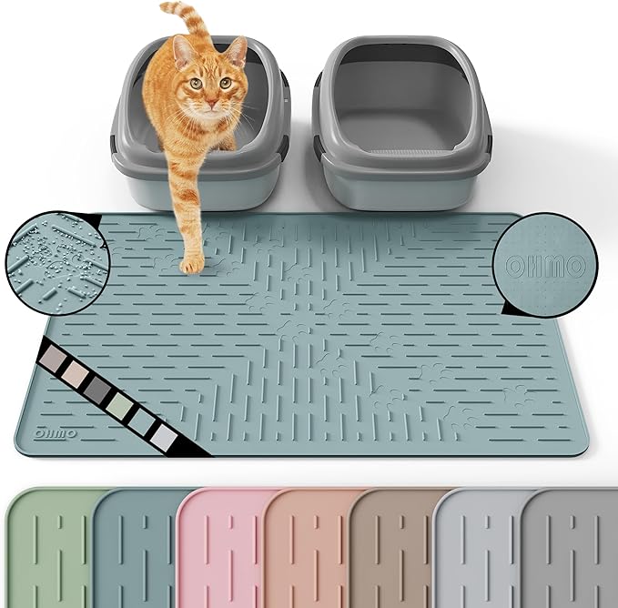 OHMO Cat Litter Mat Trapping Mat Premium Silicone 31.5x23.6 Light Blue,Waterproof and BPA Free Kitty Litter Box Mat, Easy Clean and Keeps The Floor Tidy