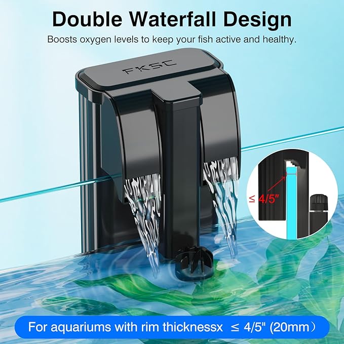 Hang On Back Aquarium Filter Up 10 Gallons Fish Tanks, 2-Stage Multi-Stage Filtration with Surface Skimmer, Ultra Quiet HOB Power Waterfall Filter for Freshwater