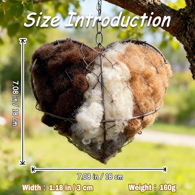 Handmade Fiber Bird Nesting Heart, Alpaca Wool Bird Nest for Outdoor Hanging, Natural Warm Hummingbird House Alternative, Bird Accessories for Garden Trees, Bird Houses for Outside(2Set)