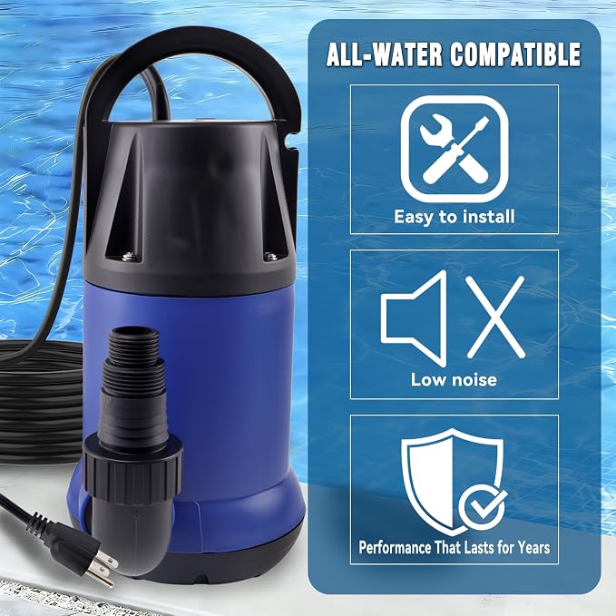 1.2HP Submersible Water Pump, 4000GPH Water Pump for Clean Water | Portable Transfer Pump with 32.8ft Cord and 23.6ft Hose for Swimming Pool、Crop irrigation、Water supply for food trucks & RVs