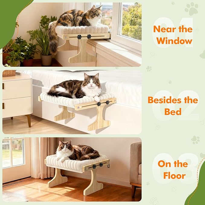 Cat Perch for Window XiaZ Cats Hammock Indoor Cat Bed for Window Adjustable Wooden Frame W/Soft Warm Plush-Lined Cushion Perfect for Bird Watching Sunbathing Space-Saving Easy Install Single Layer