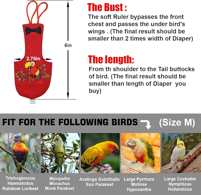 Bird Diaper Washable Parrot Diapers Reusable Bird Flight Suit Nappies Protective Breathable Parrot Nappy Clothes for Budgie Canary Budgie Cockatiel(Red, Medium)