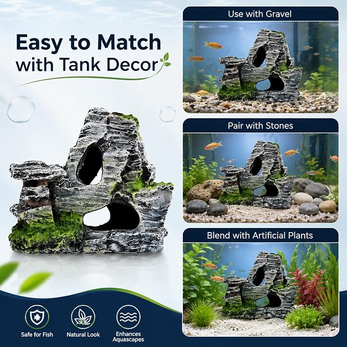 Artificial Moss Rock Cave Aquarium Decor, Fish Tank Hideout, Mountain Terrain Ornament