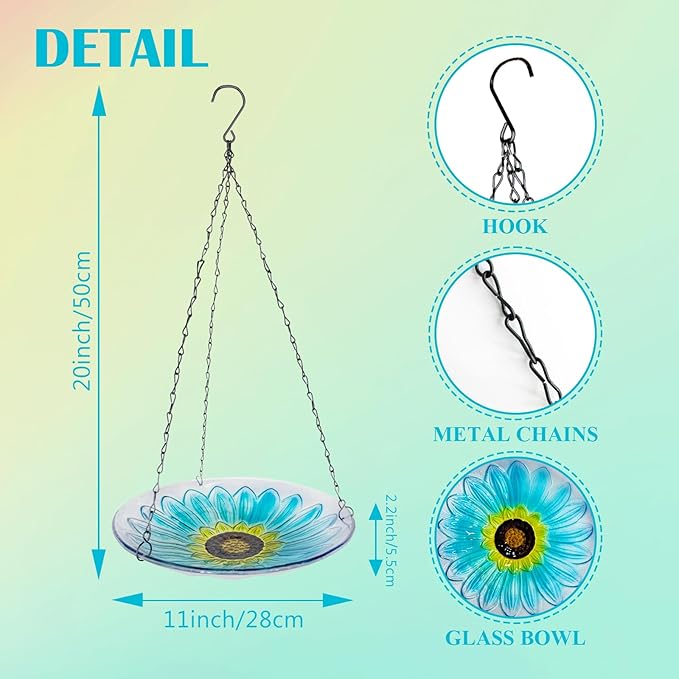 Hanging Bird Baths Outdoor Glass Birdbaths Garden Bird Feeder for Yard Lawn Decor Blue Flower