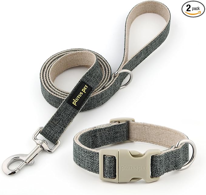 Plutus Pet Cotton Hemp Dog Collar and Leash Set, Adjustable Collar for Small, Medium, and Large Dogs, Heavy Duty and Soft on Skin, Gray, L
