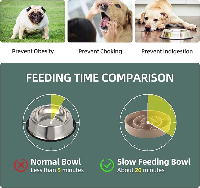 Havniva Ceramic Raised Slow Feeder Dog Bowl Set, Elevated 7.3inch Bowl and 8.2inch Puzzle Slow Dish with Wooden Stand for Medium and Large Dog, Anti-Gulping (2X Brown Coffee+ Stand)