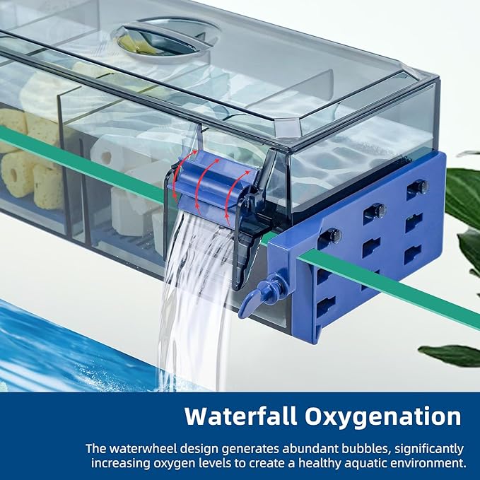Multi Layer Aquarium Fish Tank Filter with Waterfall Oxygenation Suitable for 20-30 Gallon Fish Tanks, Flexible Mounting, Dust & Splash Protection