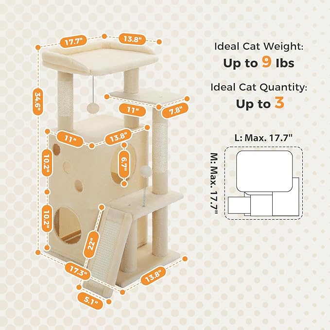 PETEPELA Cat Tree for Indoor Cats, 34.6" Small Cat Tower with Scratching Posts, 2 Condos, Scratching Ramp & Dangling Toys, Cat Play House for Multi-Cat Households, Beige