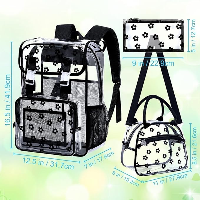 17" Plum Blossom Clear Backpack for Girls - 3Pcs Flip Design Stadium Approved Set, Campus/School Transparent Bookbag (Black)