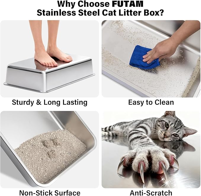 Stainless Steel Litter Box, Extra Large Litter Boxes for Big Cats, XL Metal Cat Litter Box with High Sides Lid, Anti-Urine Leakage, Never Absorbs Odors, Easy Cleaning, Non-Stick, Include Scoop and Mat