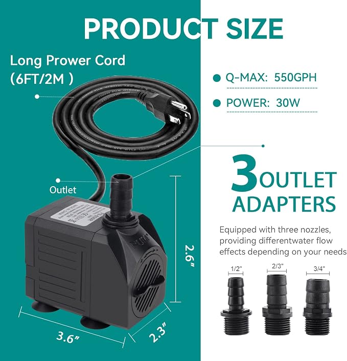FREESEA Small Aquarium Fountain Pump: Adjustable Flow with 7.2ft High Lift | 550GPH 30W Submersible Water Pumps for Small Pond | Waterfall | Outdoor | Statuary | Hydroponic (550GPH)