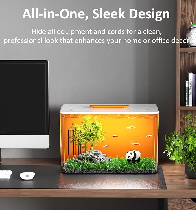 Betta Fish Tank Kit 2.5 Gallon with Heater Hidden Filtration Light Acrylic | Dry-wet Separation Filtration, Self-cleaning, Ultra-quiet, 3 Color Light, 10 Brightness, Adjustable Water Flow, Round Corner