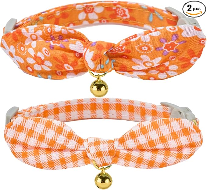 Bowtie Cat Collar with Bell 2 Pack Cotton Breakaway Kitten Collars with Removeable Bunny Ear Stylish Cat Collars(Floral Orange & Plaid)