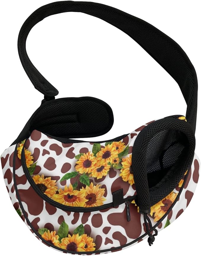 FUSURIRE Sunflower Cow Print Pet Sling Carrier Mesh Travel Bag for Small Dogs Cats Chihuahua Puppy Stuff with Adjustable Strap and Reinforced Buckle Design Safe Pet Carrier Front Pack