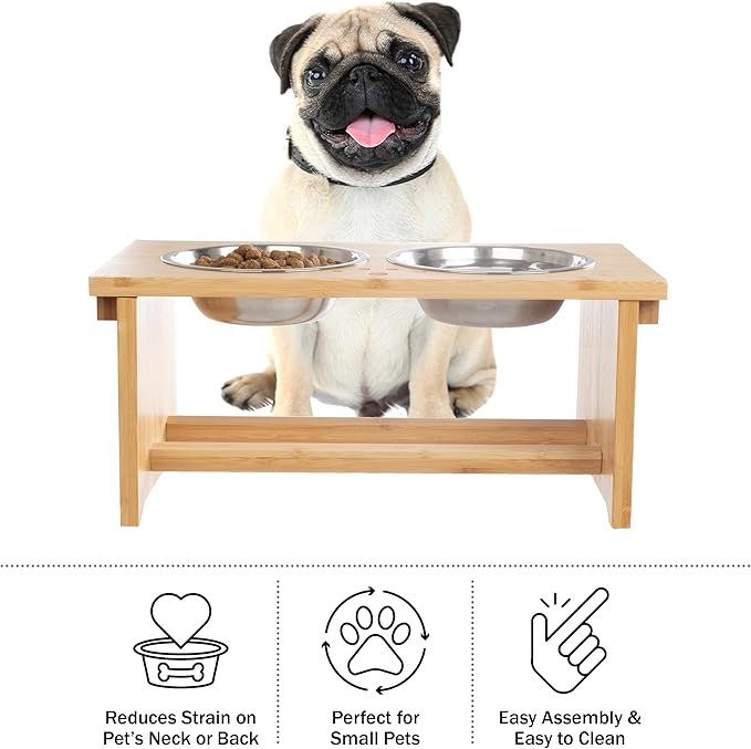 Elevated Dog Bowls with Stand - 7-Inch Nonslip Bamboo Dog Feeder with 2 Stainless-Steel Pet Bowls - Hold 20oz Each and Dishwasher Safe by PETMAKER