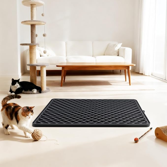 Double-Layer Silicone Cat Litter Mat – Non-Slip, Waterproof & Easy-to-Clean | Also Great as a Dish Drying or Pet Feeding Mat (18x12.5,Black）