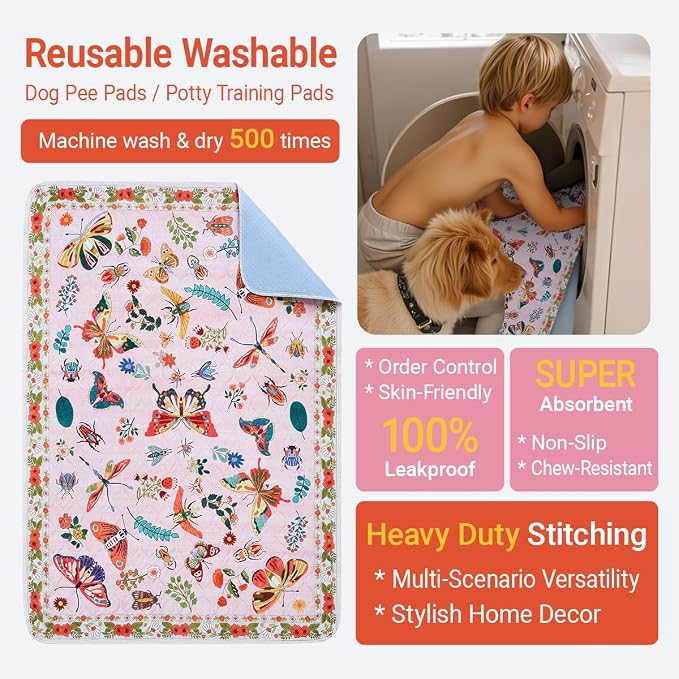 Pink Washable Pee Pads for Dogs and Cats, 2 Pack 40"x26" Spring Absorbent Reusable Puppy Pads for Potty Training, Waterproof Non-Slip Leakproof Whelping Pet Mat for Crate, Playpen, Kennel & Floor
