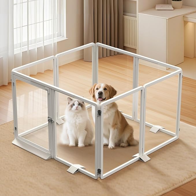 Clear Acrylic Pet Playpen, 25.6" H Transparent Dog Fence with Support Feet, Sturdy & Stylish Indoor Enclosure for Puppy, Cat, Rabbit, Easy to Assemble & Clean