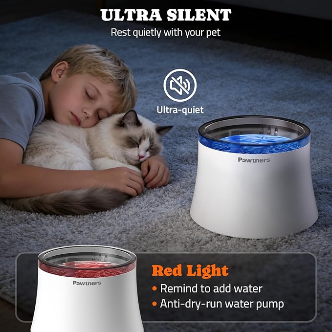 Pawtners Pet Dog Water Fountain with Vortex Filter, 1 Gal/3.5L Water Bowl Dispenser for Medium Small Dog/Cat, Automatic No Spill Cat Fountain for Inside, Deep Drinking Area and Quiet Pump, 6.7" H