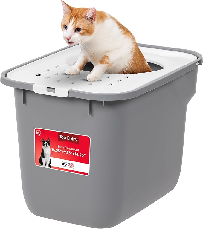 IRIS USA Cat Litter Box Large Top Entry with Lid, Enclosed Litter Box with Litter Catching Lid & Scoop, Covered Cat Litter Box Enclosure for Privacy, High Sided, Gray/White