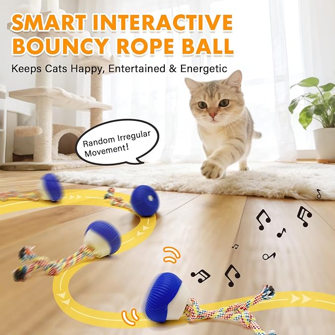 Interactive Cat Toy, 360° Rotating Automatic Moving cat Toys, Voice Recordable Auto Rolling Pet Toy with LED Sound & Music, Rechargeable Interactive Cat Toys for Indoor Cats & Small Dogs (Blue)